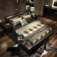 Hiện đại tối giản mới đầy phong cách giường da bọc nệm 1,8 m gỗ rắn giường đôi Đa năng lưu trữ giường mềm Giường da nghệ thuật