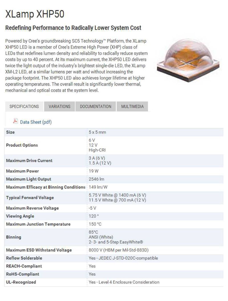 代理原装科锐cree xhp50 k2 12v 20w 3000k大功率led灯珠