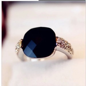 F103方形黑玛瑙宝石水晶闪钻中食指戒指个性复古人气潮款