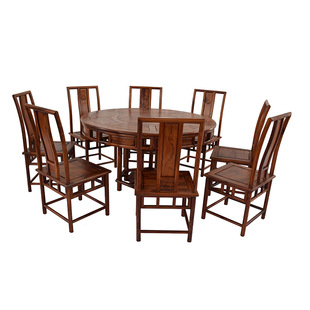 可旋转简约木制餐桌 非洲酸枝木明式圆桌 复古仿明朝实木家具套装