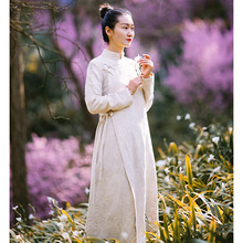 Mùa xuân nguyên bản sửa đổi kiểu Trung Quốc cà vạt dài bằng vải cotton cotton dài P-16196 Đầm cotton