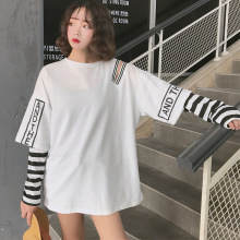 Mùa thu 2018 mới của nữ sinh viên Hàn Quốc hoang dã rộng kích thước giả hai phần mỏng áo thun dài tay thế hệ Áo thun nữ
