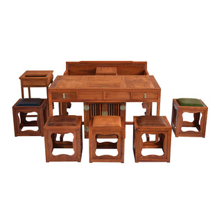 东阳红木家具缅甸花梨木茶台 古典中式小方桌小方凳主人椅套装