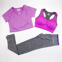 Bộ đồ thể thao dành cho nữ Yoga 3 món không có vành áo thể thao Quần bó sát áo thun thấm hút ẩm và yoga khô nhanh Bộ đồ thể thao nữ