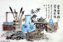 写意花鸟国画 客厅装饰画 齐调四尺三开青花瓷花鸟画 12-5926