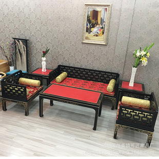 现代中式简约彩绘做旧沙发 小户型客厅实木沙发组合定制生产厂家