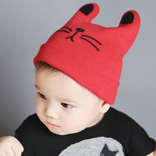 2017冬季新款婴童帽可爱猫咪耳朵翻边套头毛线帽宝宝针织帽子