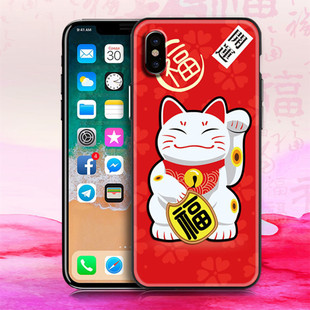新款iphone8喜庆苹果X手机壳招财猫vivo x20彩绘浮雕二合一保护套