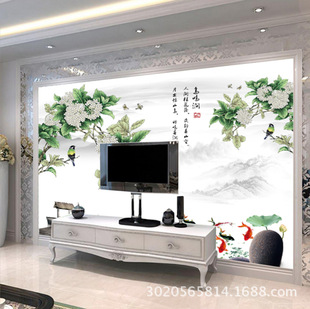 中式风景壁纸鸿运当头影视墙纸客厅电视背景墙布水墨山3D大型壁画