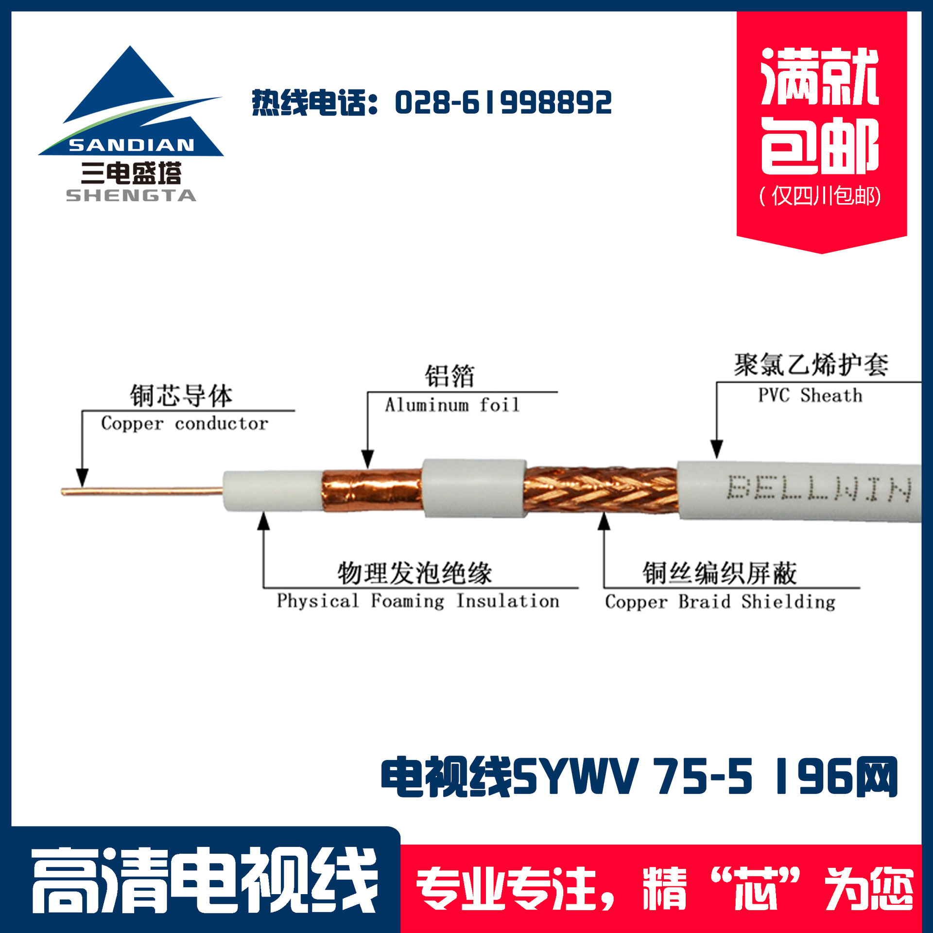 四川三电盛塔，电视线SYWV-75-5 196网 白护套，普天川悦