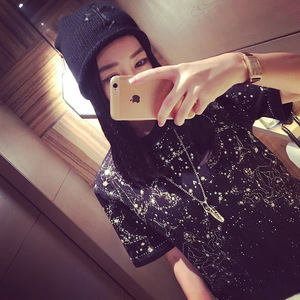 17春季新款欧美潮黑色星空满天星宽松短袖t恤女射手座印花情侣装