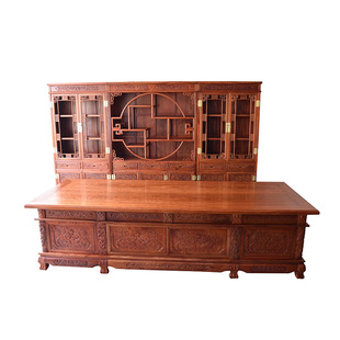 大班台书柜组合缅甸花梨木书柜中式复古实木大班台花雕花梨木家具