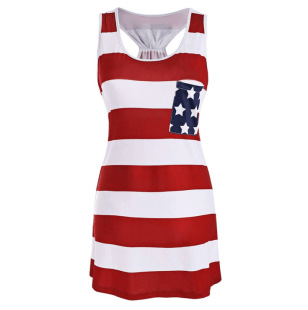 WISH 亚马逊 速卖通爆款 夏季无袖美国国旗独立日条纹背心连衣裙