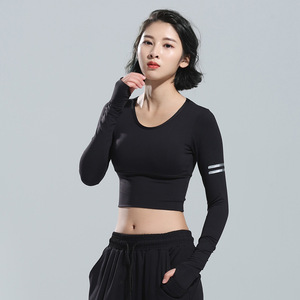 超短款弹力紧身长袖运动t恤女 潮流黑色修身圆领健身瑜伽服上衣