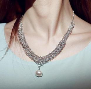 韩国手工编织水滴珍珠银色项链女饰品批发