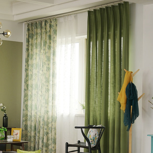 田园美式纯色亚马逊墨绿色印花布遮光窗帘布面料窗纱客厅窗帘成品