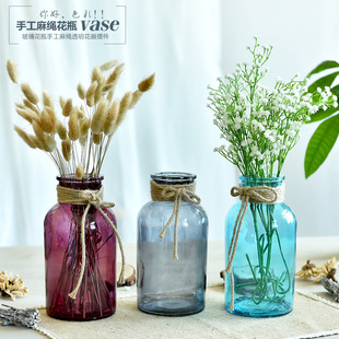 新款大号创意玻璃花瓶北欧试剂瓶手工麻绳透明花器干花插花客厅