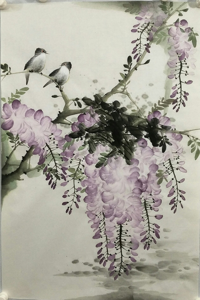手绘国画山水画字画紫藤写意花鸟画办公室客厅装饰画四尺三开96