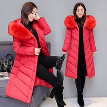 Áo khoác cotton dài qua đầu gối dày ấm Phiên bản Hàn Quốc của mùa đông cỡ lớn xuống áo khoác lông lớn cổ áo lông dài Áo khoác cotton nữ