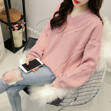 2018 mùa thu mới áo len cổ chữ V ngắn nữ phiên bản Hàn Quốc lỏng lẻo màu thô thô tua rua trùm đầu Áo len nữ