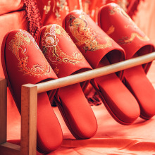 Tuyệt vời tông đám cưới dép lễ hội lớn đôi màu đỏ đám cưới trong nhà nhà rồng và phượng thêu dép bán buôn Giày cotton tại nhà