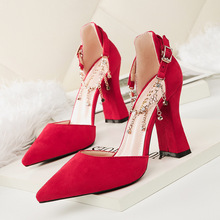7698-2 Thời trang Hàn Quốc giày cao gót mũi nhọn gợi cảm với giày nữ dày có đính kim cương mỏng Giày cao gót