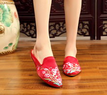 2018 Giày vải thêu của Lingfei mũi nhọn gân bò tăng đế quốc mùa xuân và mùa thu dép nữ Giày cao