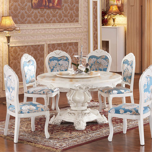 欧式豪华餐厅餐桌椅组合 全实木圆餐桌 大理石面吃饭桌子1.35米