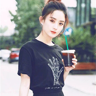 2018夏新赵丽颖王珞丹明星同款手掌印花图案黑白色T恤女纯棉