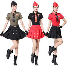 Trang phục múa thủy thủ nữ áo thun nửa tay màu đỏ đen váy năm sao biểu diễn múa vuông biểu diễn quạt quân đội ngoài trời Đầm nhảy vuông