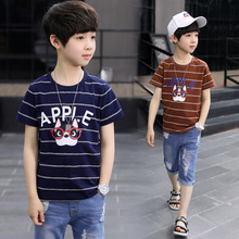 Bộ đồ bé trai mùa hè 2018 phiên bản Hàn Quốc của bộ phim hoạt hình ngắn tay kẻ sọc quần short denim thiết lập hai bộ thủy triều Bộ đồ trẻ em