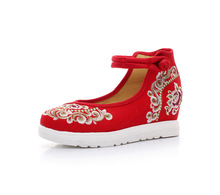 Noble Xiuhe cũ giày vải thêu Bắc Kinh mùa xuân mới vải cotton và vải lanh thêu nêm với tăng đơn nữ Giày cao