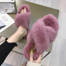 Dép xỏ ngón phiên bản Hàn Quốc 2018 mùa thu mới thời trang mới thỏ lông dép nữ bằng phẳng thoải mái dép bông hoang dã Dép lông cừu