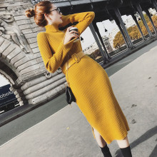 Mùa thu đông 2018 mới của phụ nữ váy dài đan mỏng trên đầu gối một bước dưới áo len váy túi tay váy Áo len nữ