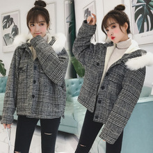 Áo khoác len lông cừu nữ mùa thu và mùa đông Hàn Quốc nhỏ tóc lớn cổ áo kẻ sọc ulzzang áo len mùa đông Áo khoác len nữ