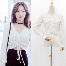 Sun Sheng đã hoàn thành wendy với phần áo len cổ chữ V mỏng mảnh với dây rút ngắn của phụ nữ Hàn Quốc Áo len nữ