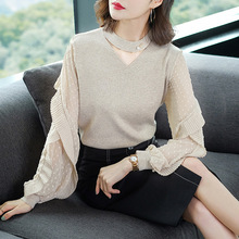 Xuân 2019 phiên bản Hàn Quốc mới của áo tay phồng cổ chữ V khâu áo len ngắn nữ bên trong áo sơ mi nữ 93118 Áo len bên trong