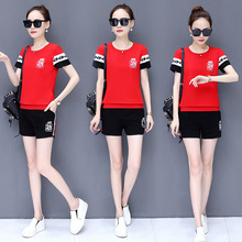 Bộ đồ thể thao nữ mùa hè hai mảnh 2019 phiên bản Hàn Quốc thời trang size lớn rộng cổ tròn ngắn tay ngắn mặc thường ngày nữ Bộ đồ thể thao nữ