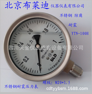 北京布莱迪压力表YTN100H全不锈钢耐震压力表螺纹M20*1.5径向安装