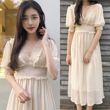 2019 Hàn Quốc mùa hè mới ngọt ngào váy dài cổ chữ V gỗ cao eo cao đầm voan rộng mùa hè Đầm