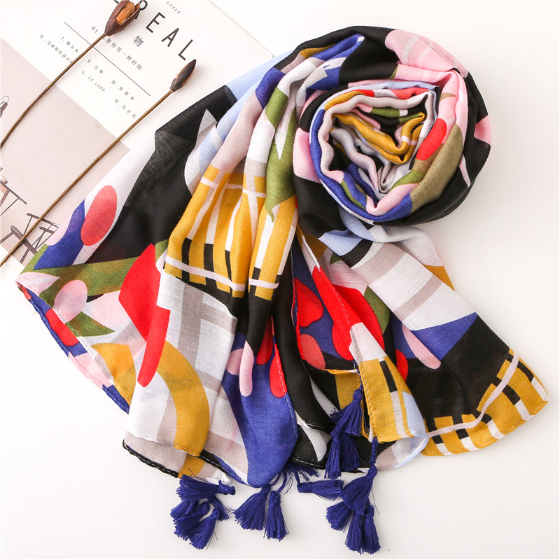 Scarf women spring and autumn cotton and linen feel colorful tropical plants long wild shawlpicture6