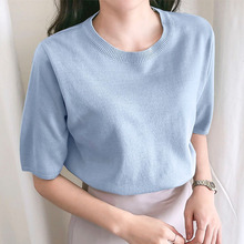 Áo mới 2019 cổ tròn bằng lụa tơ tằm ngắn tay đan dây ở tay áo T-top phiên bản Hàn Quốc của áo len mỏng nữ mùa hè buông lơi Áo len nữ