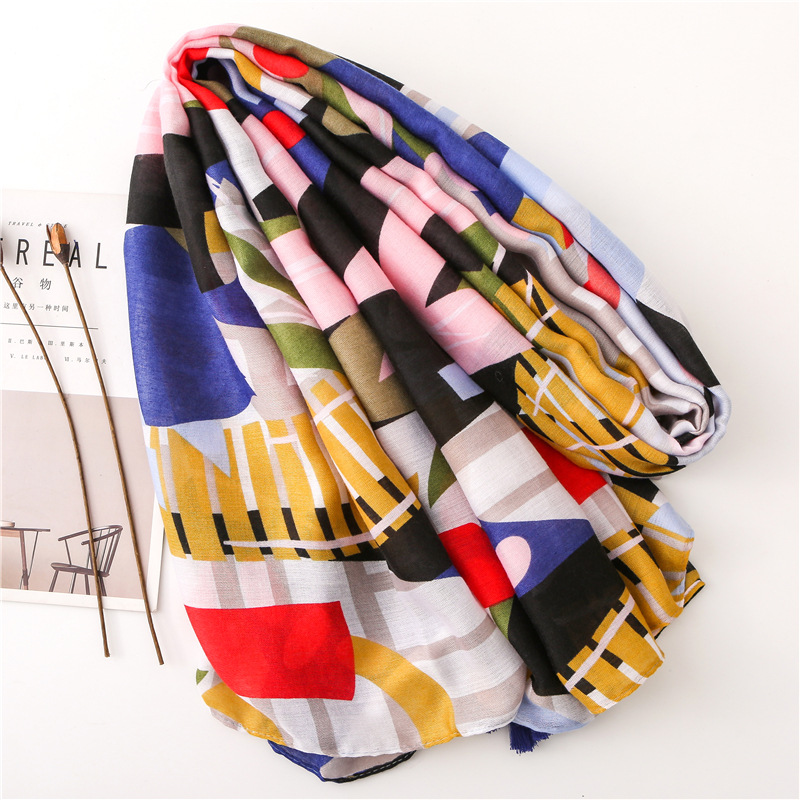 Scarf women spring and autumn cotton and linen feel colorful tropical plants long wild shawlpicture7