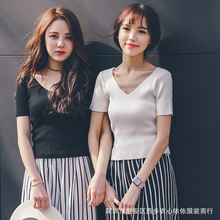 Mùa hè 2019 Áo len nữ ngắn tay Hàn Quốc thả ngắn áo sơ mi nữ đáy rộng Áo len nữ