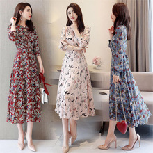 Váy voan hoa nữ dài 2019 xuân mới khí chất Hàn Quốc váy dài tay nữ tính Đầm