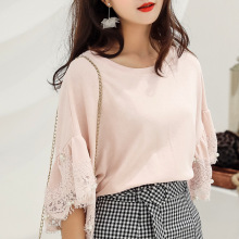 Áo thun nữ mùa hè 2019 phiên bản mới của Hàn Quốc áo thun cổ tròn áo thun rộng tay đính hạt cotton ngắn tay Áo voan ren