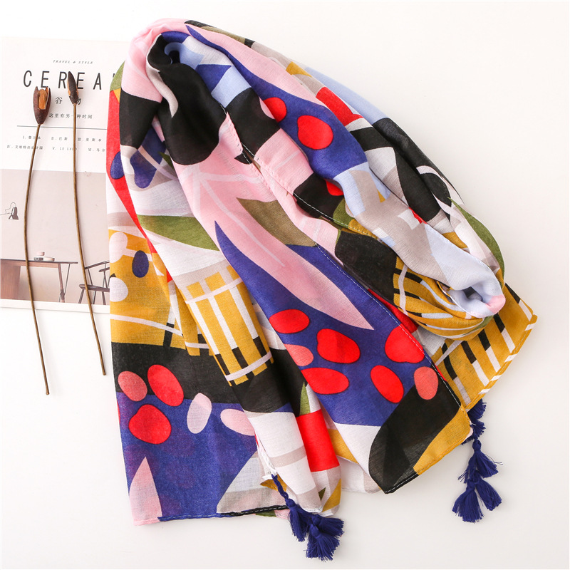Scarf women spring and autumn cotton and linen feel colorful tropical plants long wild shawlpicture8