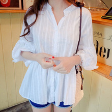 Mùa xuân và hè 2019 phiên bản Hàn Quốc của áo cổ chữ V bằng vải cotton và vải lanh nữ màu trắng buông lơi áo sơ mi dài tay phồng Áo len nữ