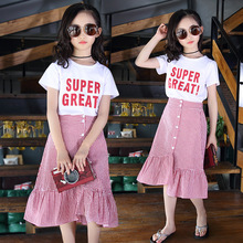 Váy Set 2019 Mùa hè Mới Tay ngắn Váy Váy Trẻ Em Lớn Hàn Quốc Casual Hai mảnh Thương hiệu Trẻ em Mặc Bộ đồ trẻ em