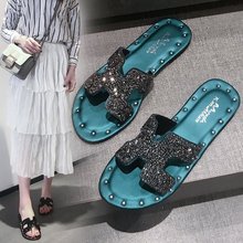 Mùa hè 2019 dép mới rhinestone nữ phiên bản tiếng Hàn của chữ H dép đế bằng thoải mái Giày cotton nữ